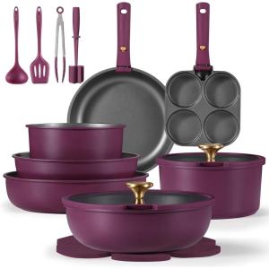 imageCAROTE 21pcs Pots and Pans Set Nonstick Cookware Set Detachable Handle Induction Kitchen Cookware Sets Non Stick with Removable Handle RV Cookware Set Peacock BlueUltra Violeta