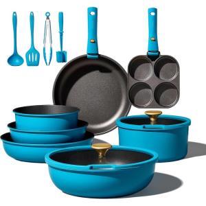 imageCAROTE 21pcs Pots and Pans Set Nonstick Cookware Set Detachable Handle Induction Kitchen Cookware Sets Non Stick with Removable Handle RV Cookware Set Peacock BluePeacock Blue