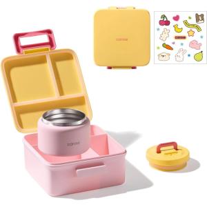 imageCAROTE Bento Box for Kids Lunch Box Kids with 8oz Thermos for Hot Food Lunch Container for Girls Boys 3 or 5 Compartments with 2 Removable Dividers BPA FreeLeak ProofDishwasher SafePink Orange