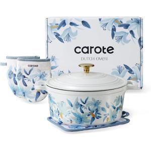 imageCAROTE Cast Iron Dutch Oven Pot with Lid 5 QT Enameled Floral Dutch Ovens with Cotton Potholders ampamp Oven Gloves Gift Box Cast Iron Pot for Sourdough Bread Baking Braising Stews Roasting Dual Handles All Stovetop Compatible White ampamp Blue