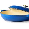 imageCAROTE 35QT Enameled Cast Iron Braiser Pan Shallow Dutch Oven Casserole Skillets NonToxic Cast Iron Pot with Lid for Grilling Searing Baking Dual Handles All Stovetop Compatible WhiteBlue