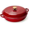 imageCAROTE 35QT Enameled Cast Iron Braiser Pan Shallow Dutch Oven Casserole Skillets NonToxic Cast Iron Pot with Lid for Grilling Searing Baking Dual Handles All Stovetop Compatible WhiteRed