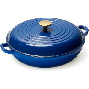 imageCAROTE 35QT Enameled Cast Iron Braiser Pan Shallow Dutch Oven Casserole Skillets NonToxic Cast Iron Pot with Lid for Grilling Searing Baking Dual Handles All Stovetop Compatible WhiteBlue