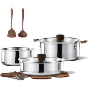 imageCAROTE TriPly Stainless Steel Sauce Pan with Detachable Handle15QT Saucepan2QT ampamp 3QT Saucepan with Lid 8PCS NonToxic Induction Kitchen Stainless Steel PotRemovable HandleOven SafeWoodgrain10pcs