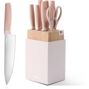 imageCAROTE 9 Pieces Kitchen Knife Block Set with Sharpener Dishwasher Safe Knives for Kitchen Forged Cutlery with RazorSharp Stainless Steel Blades PinkPink