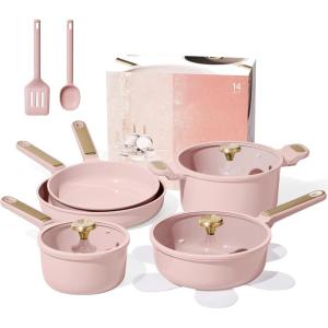 imageCAROTE Ceramic Cookware Set Nonstick 14pcs Pots and Pans Set Nonstick NonToxic ampamp PFASFree DishwasherOven Safe RVCamping Cookware Set Cooking Pots with Lids BluePink