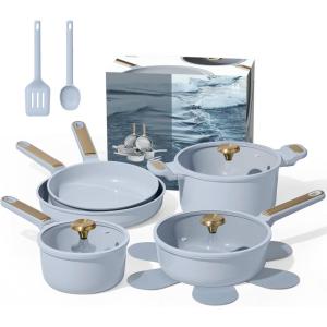 imageCAROTE Ceramic Cookware Set Nonstick 14pcs Pots and Pans Set Nonstick NonToxic ampamp PFASFree DishwasherOven Safe RVCamping Cookware Set Cooking Pots with Lids BlueBlue