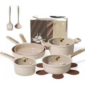 imageCAROTE Ceramic Cookware Set Nonstick 14pcs Pots and Pans Set Nonstick NonToxic ampamp PFASFree DishwasherOven Safe RVCamping Cookware Set Cooking Pots with Lids BlueGray