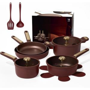 imageCAROTE Ceramic Cookware Set Nonstick 14pcs Pots and Pans Set Nonstick NonToxic ampamp PFASFree DishwasherOven Safe RVCamping Cookware Set Cooking Pots with Lids BlueRed