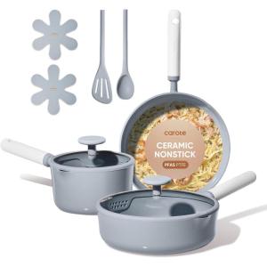imageCAROTE Ceramic Cookware Set Nonstick 9pcs Pots and Pans Set Non stick NonToxic ampamp PFASFreeDishwasherOven Safe RVCamping Cookware SetSauce Pan with Lid GreenBlue