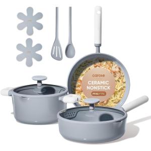 imageCAROTE Pots and Pans Set Nonstick Ceramic Cookware Set Yellow Cooking Set Kitchen Induction Set with Steamer PFAS PTFE Free9 PieceBlue