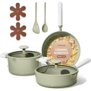 imageCAROTE Pots and Pans Set Nonstick Ceramic Cookware Set Yellow Cooking Set Kitchen Induction Set with Steamer PFAS PTFE Free9 PieceGreen