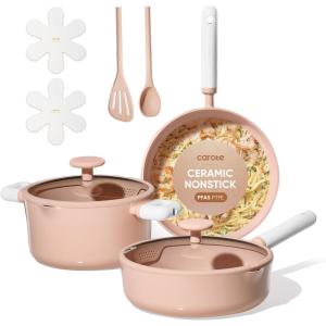 imageCAROTE Pots and Pans Set Nonstick Ceramic Cookware Set Yellow Cooking Set Kitchen Induction Set with Steamer PFAS PTFE Free9 PiecePink