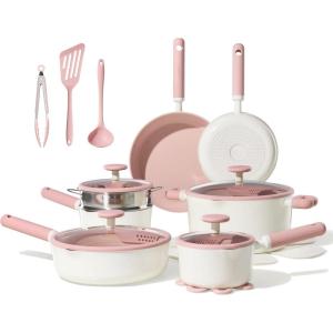 imageCAROTE Ceramic Cookware Set Nonstick 11pcs Pots and Pans Set Nonstick NonToxic ampamp PFASFree Dishwasher RVCamping Cookware Set Cooking Pots with LidsCreamPink
