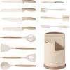 imageCAROTE 13Pcs Kitchen Utensills Set with 360 Rotating Knife Block Heat Resistant Cooking Utensils Set with Wooden Handle Kitchen Knife Sets with Nonstick Ceramic Surface Cream White