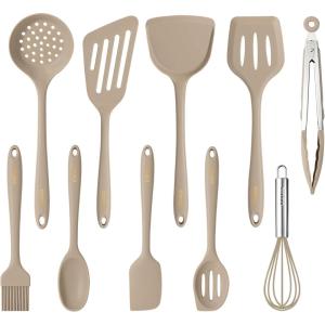 imageCAROTE Kitchen Utensil Set for Nonstick Cookware  446F Heat Resistant Silicone Cooking Utensils Set 10pcs Dark Grey Oderless Spatula TurnerBrown