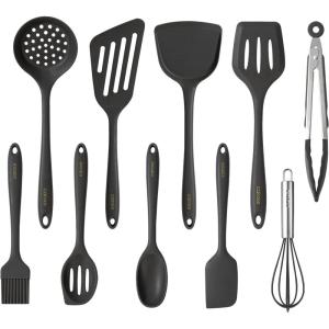 imageCAROTE Kitchen Utensil Set for Nonstick Cookware  446F Heat Resistant Silicone Cooking Utensils Set 10pcs Dark Grey Oderless Spatula TurnerGray