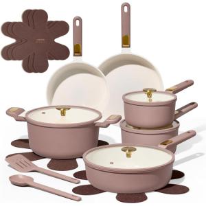 imageCAROTE Ceramic Cookware Set Pots and Pans Set Non stick 17Piece Induction Cookware Non toxic Healthy Non Stick Kitchen Cooking Set with Frying Pans SetLarge Capacity Soup PotMauve PinkMauve Pink