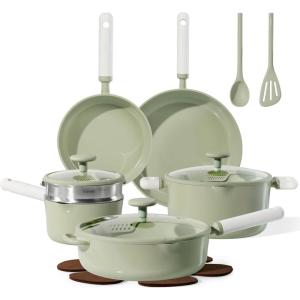 imageCAROTE Pots and Pans Set Non stick 15pcs Ceramic Cookware Set Nonstick Non Toxic CookwareDishwasherRVCamping Cookware SetGreenGreen