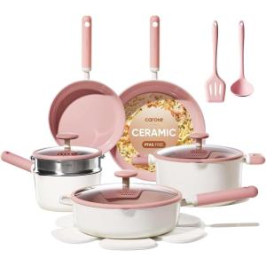 imageCAROTE Pots and Pans Set Non stick 15pcs Ceramic Cookware Set Nonstick Non Toxic CookwareDishwasherRVCamping Cookware SetGreenPink