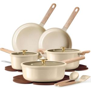image:imageCAROTE 14Pcs Pots and Pans Set Non stick Ceramic Cookware Set Nontoxic Kitchen Cooking Set PFAS and PFOA FreeOatmeal