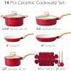 image:imageCAROTE Ceramic Cookware Set 14 PCS Pots and Pans Set Non Stick Pot and Pan Set with Frying pan Induction Ready Cooking Set for Kitchen PFOSPFOAPFAS Free PinkRed
