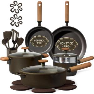 image:imageCAROTE 21 PCS Ceramic Cookware Set Pots and Pans Set Non Stick Pot and Pan Set with Frying Pan Induction Ready Cooking Set for Kitchen PFOSPFOAPFAS Free BrownDark Green