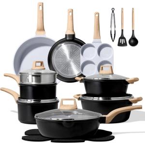 image:imageCAROTE 21 PCS Ceramic Cookware Set Pots and Pans Set Non Stick Pot and Pan Set with Frying Pan Induction Ready Cooking Set for Kitchen PFOSPFOAPFAS Free BrownBlack