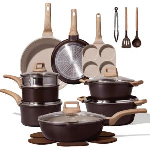 image:imageCAROTE 21 PCS Ceramic Cookware Set Pots and Pans Set Non Stick Pot and Pan Set with Frying Pan Induction Ready Cooking Set for Kitchen PFOSPFOAPFAS Free BrownBrown