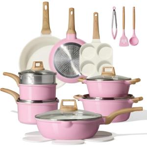 image:imageCAROTE 21 PCS Ceramic Cookware Set Pots and Pans Set Non Stick Pot and Pan Set with Frying Pan Induction Ready Cooking Set for Kitchen PFOSPFOAPFAS Free BrownPink