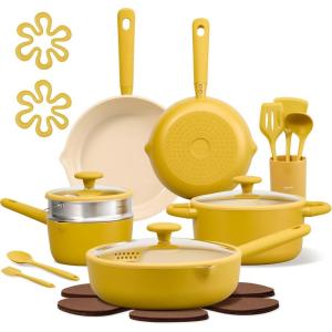 image:imageCAROTE 21pcs Cookware Set Nonstick Pots and Pans Set Ceramic Cookware Set Induction Cookware Non toxic Healthy Non Stick Kitchen Cooking Set PFAS PTFE FreeYellow