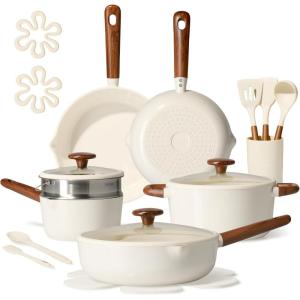 image:imageCAROTE 21pcs Cookware Set Nonstick Pots and Pans Set Ceramic Cookware Set Induction Cookware Non toxic Healthy Non Stick Kitchen Cooking Set PFAS PTFE Free WhiteWhite