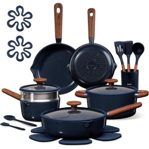 image:imageCAROTE 21pcs Cookware Set Nonstick Pots and Pans Set Ceramic Cookware Set Induction Cookware Non toxic Healthy Non Stick Kitchen Cooking Set PFAS PTFE Free WhiteBlue