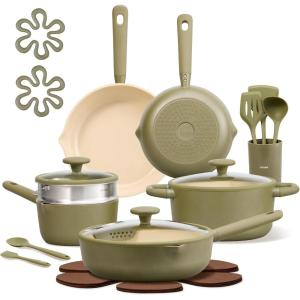 image:imageCAROTE 21pcs Cookware Set Nonstick Pots and Pans Set Ceramic Cookware Set Induction Cookware Non toxic Healthy Non Stick Kitchen Cooking Set PFAS PTFE FreeGreen