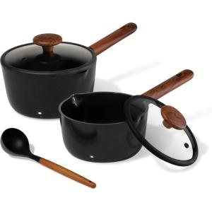image:imageCAROTE 2QT amp 3QT Sauce Pan Sets with Lid amp Ladle Ceramic Nonstick Pot Set Non Toxic Saucepan Small Kitchen Cooking Pots Easy to Clean Induction Comptable PFAS PTFE Free BlackBlack