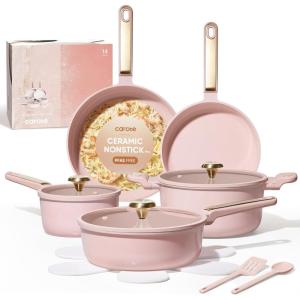 image:imageCAROTE Ceramic Cookware Set 14 PCS Pots and Pans Set Non Stick Pot and Pan Set with Frying pan Induction Ready Cooking Set for Kitchen PFOSPFOAPFAS Free PinkLight Pink