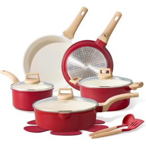 image:imageCAROTE Ceramic Cookware Set 14 PCS Pots and Pans Set Non Stick Pot and Pan Set with Frying pan Induction Ready Cooking Set for Kitchen PFOSPFOAPFAS Free PinkRed