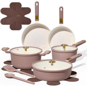 image:imageCAROTE Ceramic Cookware Set 14 PCS Pots and Pans Set Non Stick Pot and Pan Set with Frying pan Induction Ready Cooking Set for Kitchen PFOSPFOAPFAS Free PinkPurple