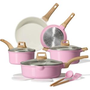 image:imageCAROTE Ceramic Cookware Set 14 PCS Pots and Pans Set Non Stick Pot and Pan Set with Frying pan Induction Ready Cooking Set for Kitchen PFOSPFOAPFAS Free PinkPink