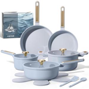 image:imageCAROTE Pots and Pans Set Nonstick 16pcs Cookware Set Nonstick NonToxic amp PFOAampPFOSFree Dishwasher RVCamping Cookware Set Cooking Pots with Lids BrownBlue