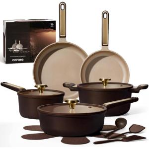 image:imageCAROTE Pots and Pans Set Nonstick 16pcs Cookware Set Nonstick NonToxic amp PFOAampPFOSFree Dishwasher RVCamping Cookware Set Cooking Pots with Lids BrownBrown