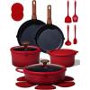 image:imageCAROTE 20Pcs Titanium Cookware Set Pots and Pans Set Non Stick Kitchen Cooking Set with Detachable Handle Non Toxic Induction Cookware  Camping Cookware DishwasherOven Safe Red