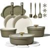 image:imageCarote 21pcs Ceramic Cookware Set with Detachable Handles Pots and Pans Set Non Stick RV Kitchen Cooking Pot and Pan Dishwasher Safe Nontoxic Induction Cookware PFAS and PFOA Free Olive GreenGreen