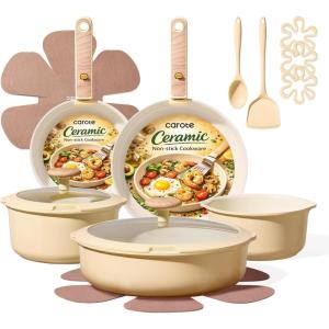 image:imageCAROTE 18Pcs Ceramic Cookware Set with Detachable Handle Pots and Pans Set Non Stick Non Toxic Cookware Set Removable Handles Induction Kitchen Cookware Sets DishwasherOven SafeYellow