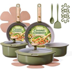 image:imageCAROTE 18Pcs Ceramic Cookware Set with Detachable Handle Pots and Pans Set Non Stick Non Toxic Cookware Set Removable Handles Induction Kitchen Cookware Sets DishwasherOven SafeGreen