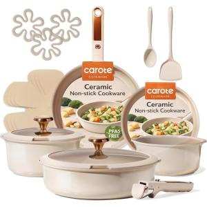image:imageCAROTE 18Pcs Ceramic Cookware Set with Detachable Handle Pots and Pans Set Non Stick Non Toxic Cookware Set Removable Handles Induction Kitchen Cookware Sets DishwasherOven SafeBronze