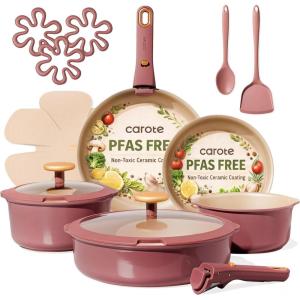 image:imageCAROTE 18Pcs Ceramic Cookware Set with Detachable Handle Pots and Pans Set Non Stick Non Toxic Cookware Set Removable Handles Induction Kitchen Cookware Sets DishwasherOven SafeRed