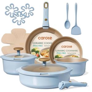 image:imageCAROTE 18Pcs Ceramic Cookware Set with Detachable Handle Pots and Pans Set Non Stick Non Toxic Cookware Set Removable Handles Induction Kitchen Cookware Sets DishwasherOven SafeBlue