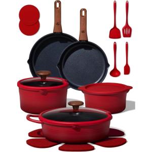 image:imageCAROTE 20Pcs Titanium Cookware Set Pots and Pans Set Non Stick Kitchen Cooking Set with Detachable Handle Non Toxic Induction Cookware  Camping Cookware DishwasherOven Safe Red