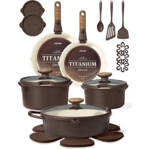 image:imageCAROTE 20Pcs Titanium Cookware Set Pots and Pans Set Non Stick Kitchen Cooking Set with Detachable Handle Non Toxic Induction Cookware DishwasherOven SafeBrown